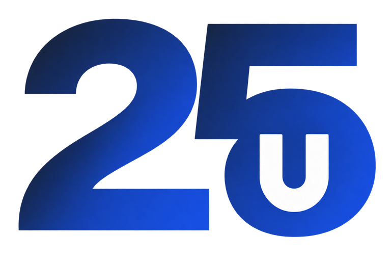 优天 25 周年纪念标识,融合 U 品牌元素